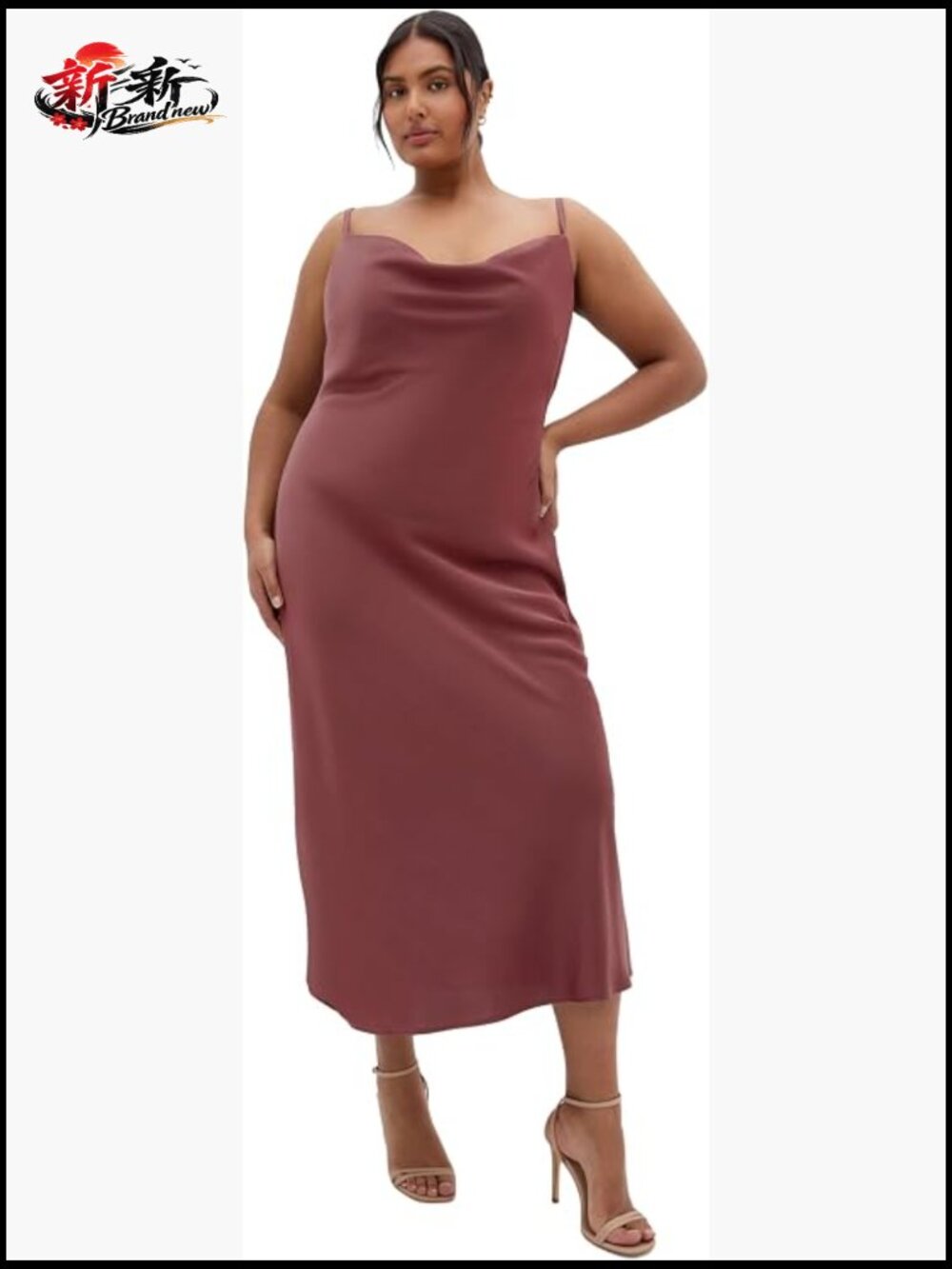 Plus Size Satin Slip Dress Cowl Neck Midi Shift Dress Adjustable Straps